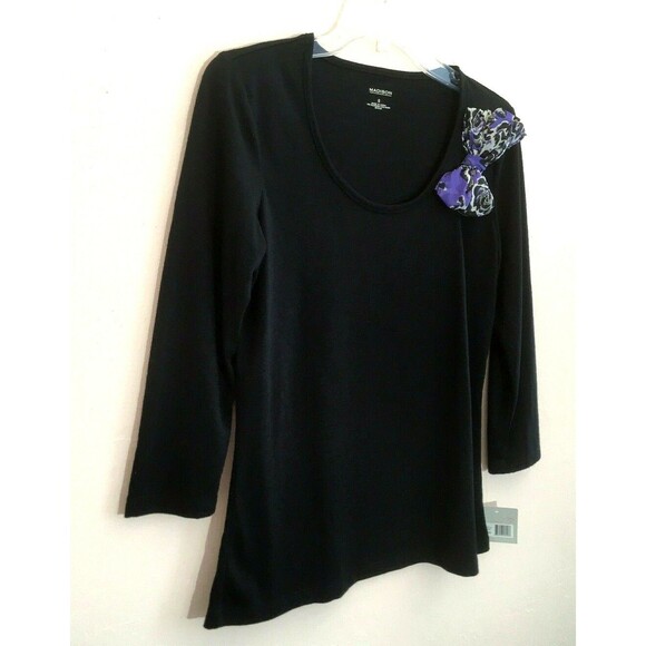 MADISON sz S Solid Black Travel Stretch Smooth Knit Top w/ detachable Bow - Picture 3 of 7